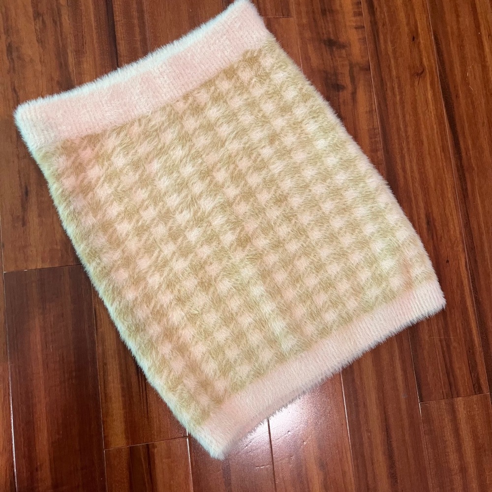 For Love & Lemons Cher Skirt Mini Pink Gingham Houndstooth Fuzzy Eyelash Knit XS